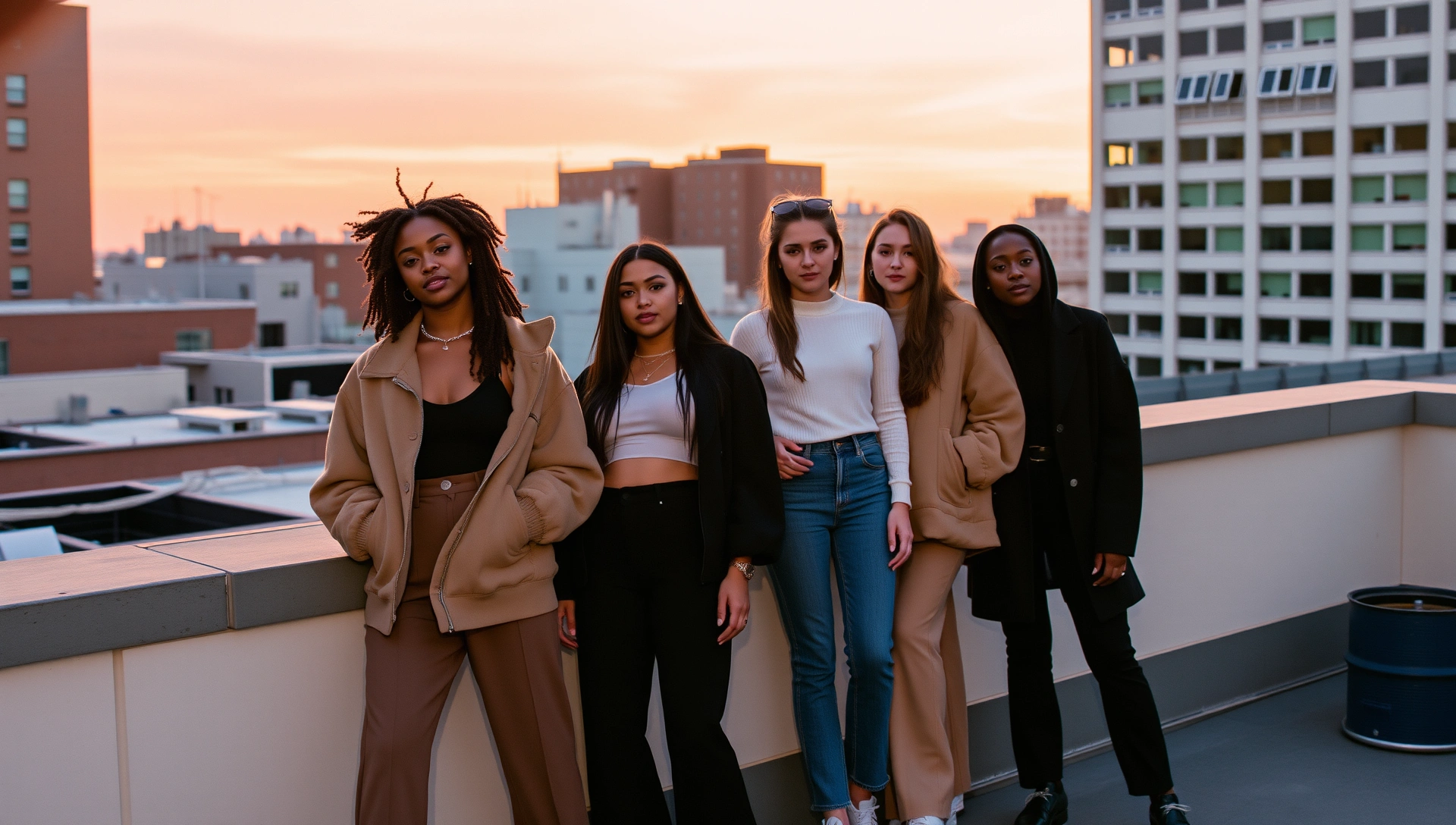 THREAD & CO. Spring Drop campaign - stylish young adults in elevated basics on an urban rooftop at golden hour